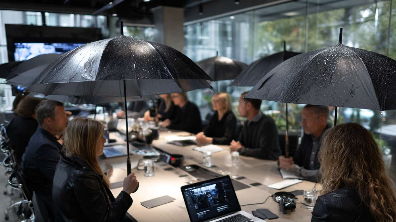 Vergadering met paraplu's als metafoor voor besluiteloos management
