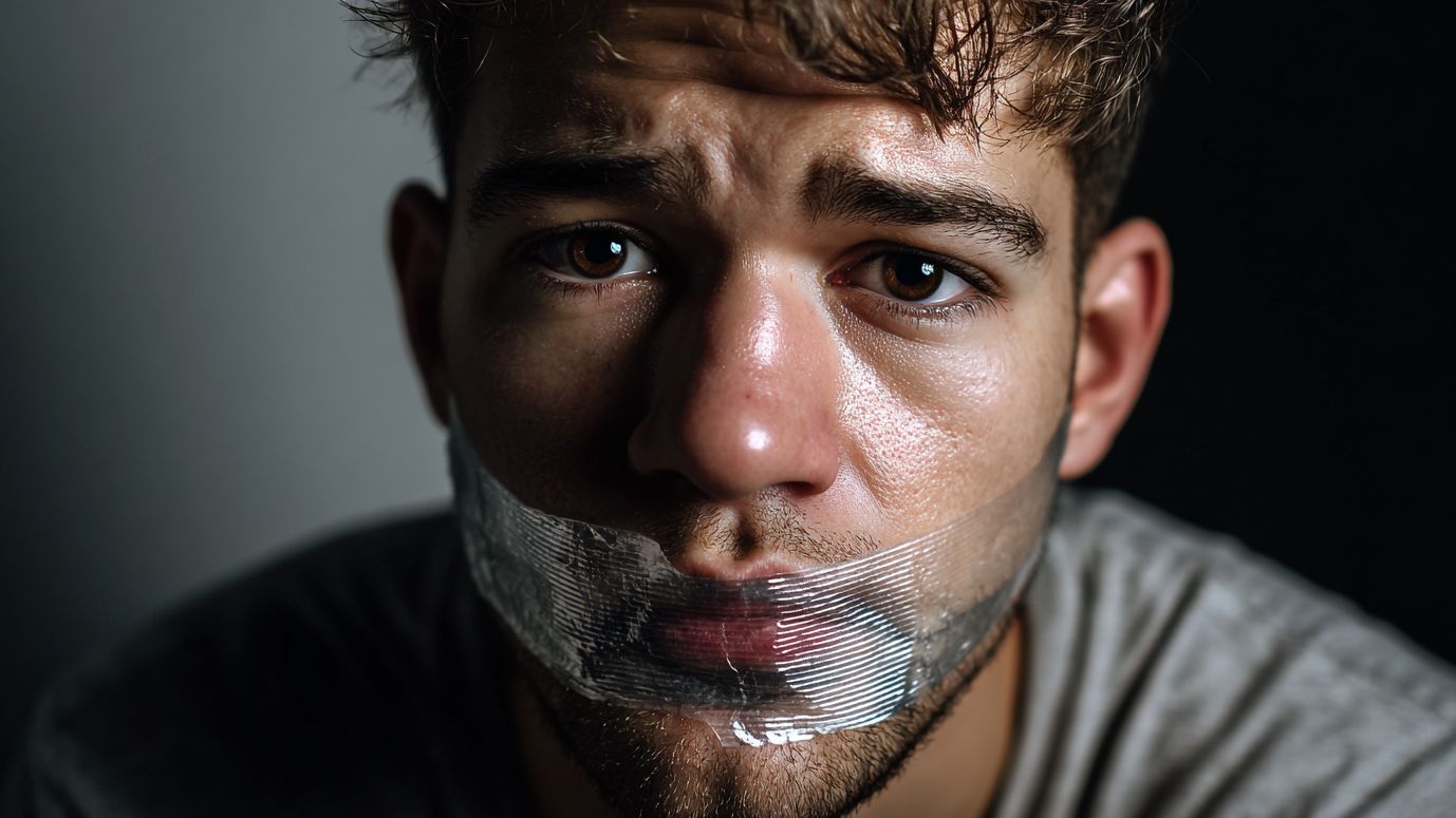 Jonge man met tape over zijn mond als metafoor voor digitale zelfcensuur bij jongeren.