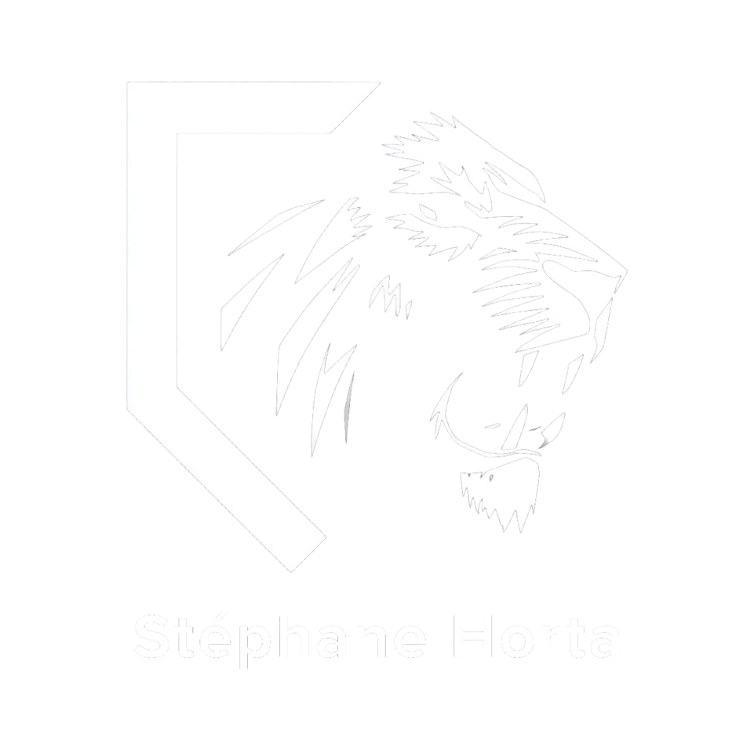 Logo Stéphane Horta invers – transparant Stéphane Horta logo invers – zwarte leeuw op transparante achtergrond